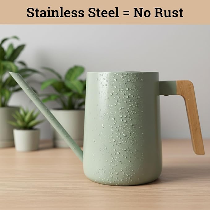 35 Ounce Metal Small Indoor Watering Can with Long Spout & Real Wood Handle for House Plants, Succulents, Cacti & Seedlings - Sage Green Long Spout Watering Can Indoor Plants - Gentle Flow & No Spills