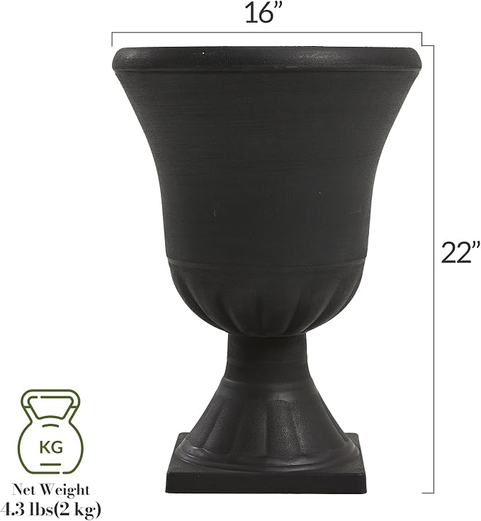 Worth Garden 2-Pack Plastic Urn Planters for Outdoor Plants, 22'' Black Tall Round Classic Resin Traditional Flower Pots - 15 in. Dia Large Imitation Stone Decorative Pot Patio Deck Front Porch