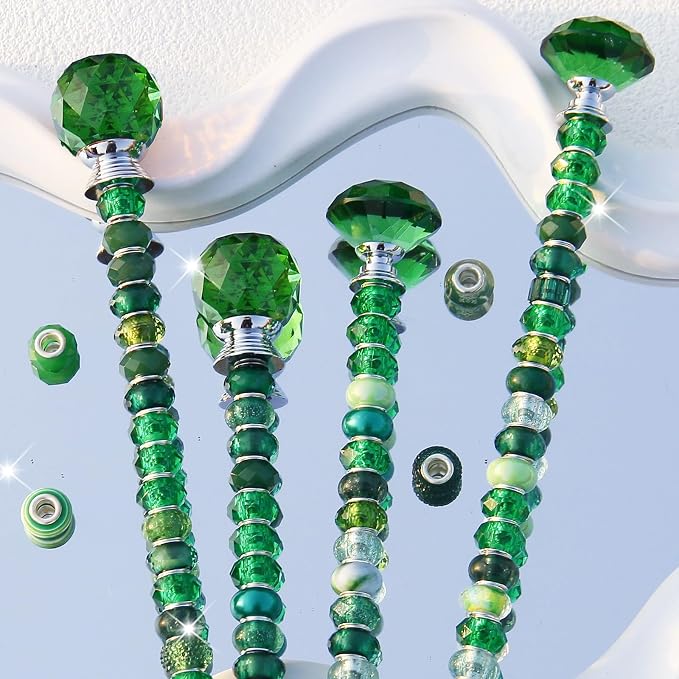 119 Pcs Garden Stake DIY Fairy Wand Plant Stake with Green Large Hole Beads Crystal Diamond Stopper Top 4 Stainless Steel Threaded Rod Beaded Garden Stakes for Outdoor Indoor Yard Patio Decorations
