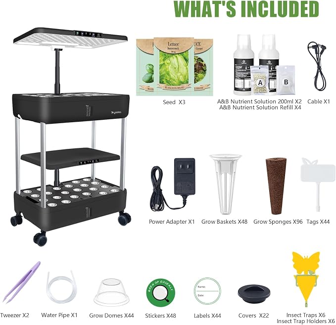 Large Hydroponics Growing System Kit,44-Pod with 3 Seed Packs | Includes Basil, Buttercrunch Lettuce & Gourmet Salad Mix seeds; 2-Tier, independent tanks and full-spectrum lights.
