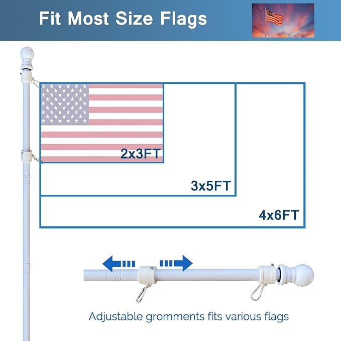 MTB Garden 6ft White Steel Flag Pole and Holder, 1 inch Flag Pole for Outside House Porch Flagpole Mount