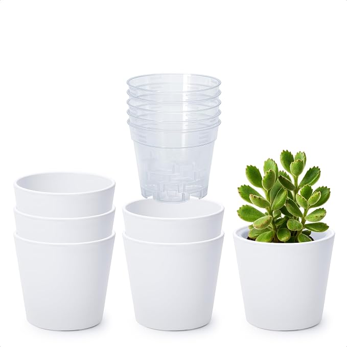 Phoenix Vine 4.5 Inch White Plastic Cachepot with Clear Nursery Pot, Decorative Lightweight Planter Cover with Transparent Inner Pot for Indoor Houseplants, Pack of 6, 24-B-D-6