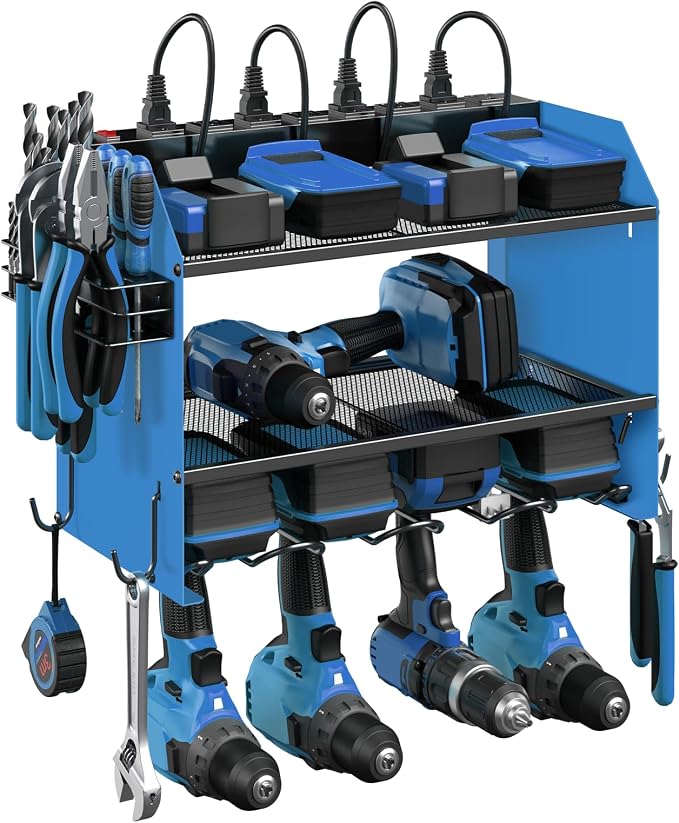 CCCEI Wall Mount Modular Tool Charging Organizer, Blue, 1 Pack, 3 Tier. | Drill Battery Storage Rack with Hooks, Garage Workshop, Gifts for Men, Dad, Husband Anniversary, Birthday, Christmas