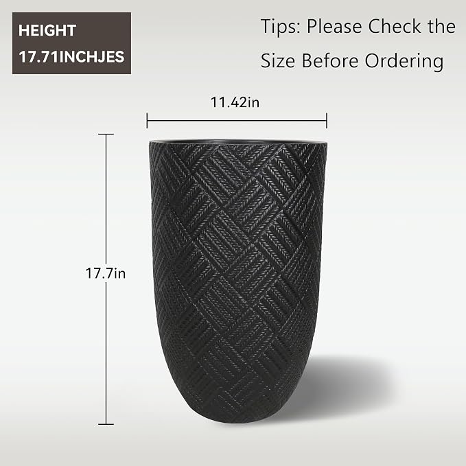 Oakrain 17.7" Tall Planter for Indoor Plants, Large Flower Pot with Handcrafted Herringbone Texture, Modern Floor Planter for Front Porch, Patio, Living Room, Black