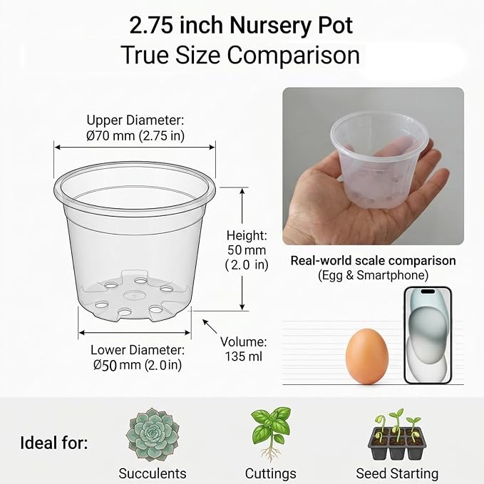 100 Pcs Seed Starter Pots Kit 2.75 Inch Clear Nursery Pots for Plants for Seedlings,Small Plastic pots for Plants,Succulents,Plastic Nursery Pots with Drainage Holes (Size B)