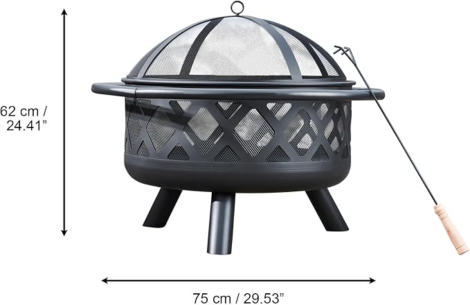 Teamson Home Round Steel Outdoor Fire Pit Outside Wood Burning Firepit Bonfire with Firebowl, Poker, Mesh Screen for Patio Garden Backyard BBQ, 30 Inch, Black | Wood Burning, Includes Firebowl, Poker, Mesh Screen, For Patio Garden Backyard BBQ