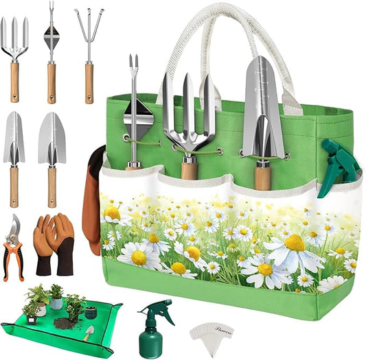 22Pcs Garden Tools Set for Women,Heavy Duty Hand Tool Kit,Birthday Gifts for Mom Wife Grandma Beginner,Gardening Essentials with Large Tote Bag/Repotting Mat/Trowel/Rake/Pruner/Gloves/Plant Tags-Green
