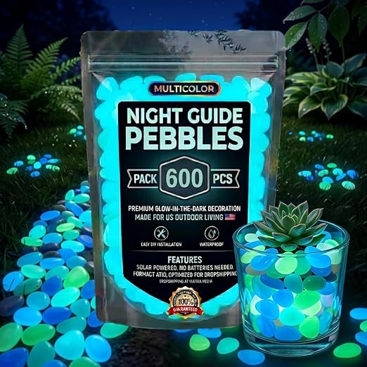 Glow Colorful in the Dark Garden Rocks – Night Guide Stones for Yard, Walkways, Fish Tanks & Landscaping, Luminous Outdoor Decorative Pebbles for Aquarium, Pathway, and Garden Decor (600, Blue)
