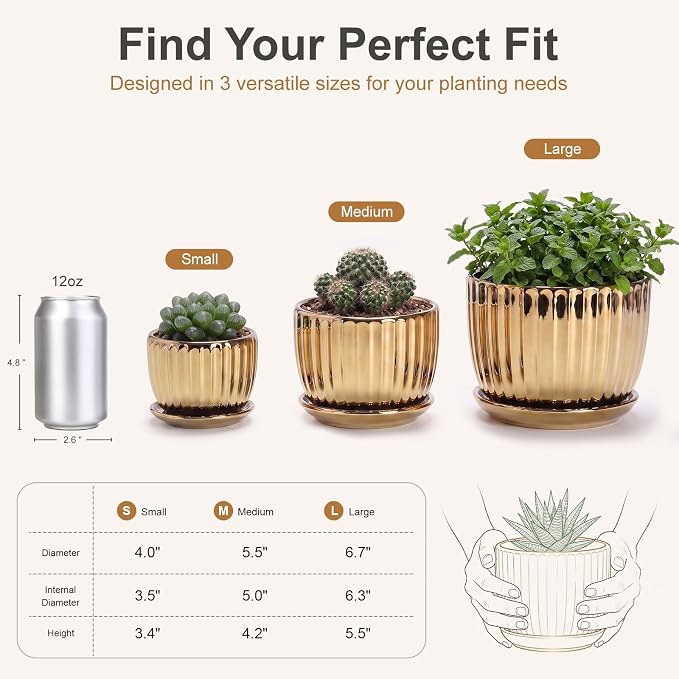 Ton Sin Gold Plant Pots,4.1+5.1+6.5 Inch Ceramic Succulent Planters Set of 3,Indoor Flower Pot with Drainage,Handmade Decorative Ceramic Orchid and Herb Pots(Gold)