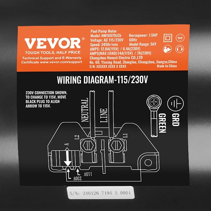 VEVOR 1.5 HP Pool Pump Motor, 56Y Frame, 115V((12.8 Amps))/230V(6.4 Amps) 3450 RPM, 60Hz, 1.1 Service Factor, 90μF/250V Capacitor, CCW Rotation Square Flange Replacement Motor