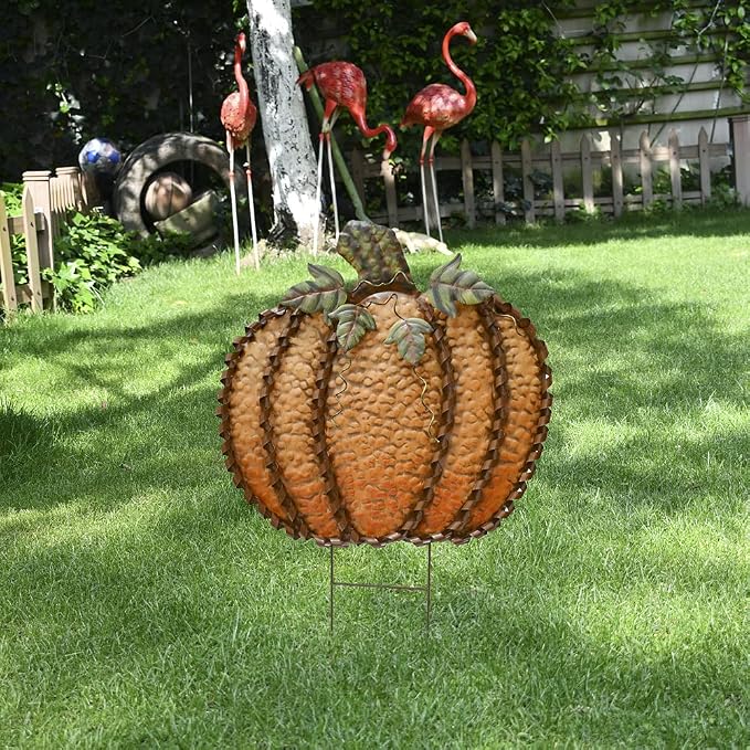 26" H Metal Pumpkin Yard Stake - Outdoor Fall Decor Rustic Garden Stake - Autumn Yard Sign Lawn Ornaments for Porch, Home, Patio - Harvest Thanksgiving Halloween Decorations