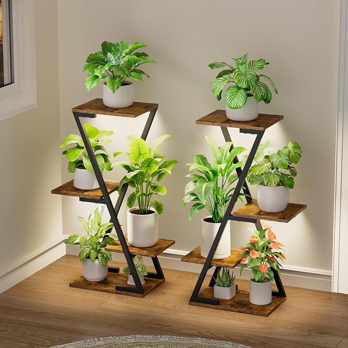 Plant Stand Indoor with Grow Lights - 2 Pack Corner Plant Shelf Indoor, 32" Tall Lighted Plant Stand for Indoor Plants, 6 Tiered Z-Shape Flower Stands Display Holder for Living Room, Decor, Black