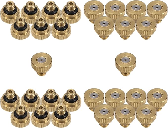 M METERXITY 30-Pack Brass Misting Nozzle, 0.032" 0.8mm Orifice 10/24 UNC O-Ring Replacement Mister Nozzles Plug Mister Heads for Garden Patio Outdoor Cooling System Low-Pressure Atomizing