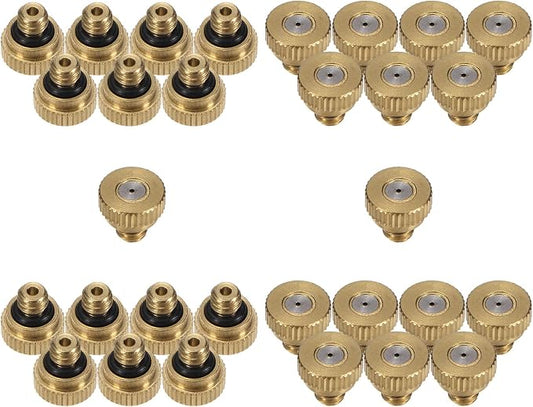 M METERXITY 30-Pack Brass Misting Nozzle, 0.032" 0.8mm Orifice 10/24 UNC O-Ring Replacement Mister Nozzles Plug Mister Heads for Garden Patio Outdoor Cooling System Low-Pressure Atomizing