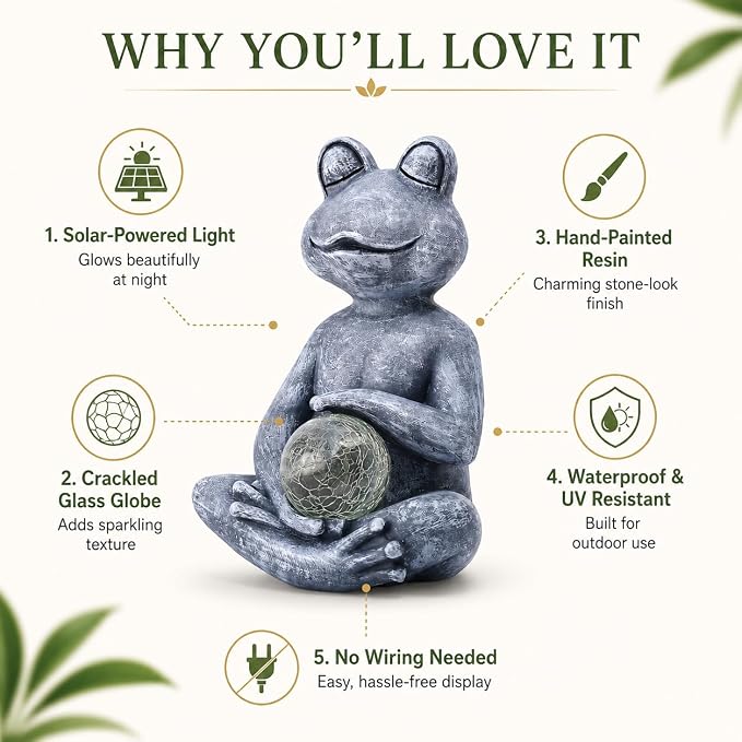 Solar Meditating Yoga Frog Statue 6.8L x 9.65H | Zen Garden Figurines for Home and Garden Decor, Frog Decorations Gift Ideas, Gifts for Women Mom