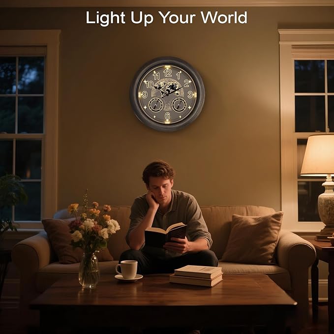 Pytha Sight Illuminated Large Indoor Outdoor Clocks Waterproof 18 Inch with Smart Night Light Sensor,Star World Map Design with Thermometer & Hygrometer for Patio, Pool, Garden,Housewarming Gift