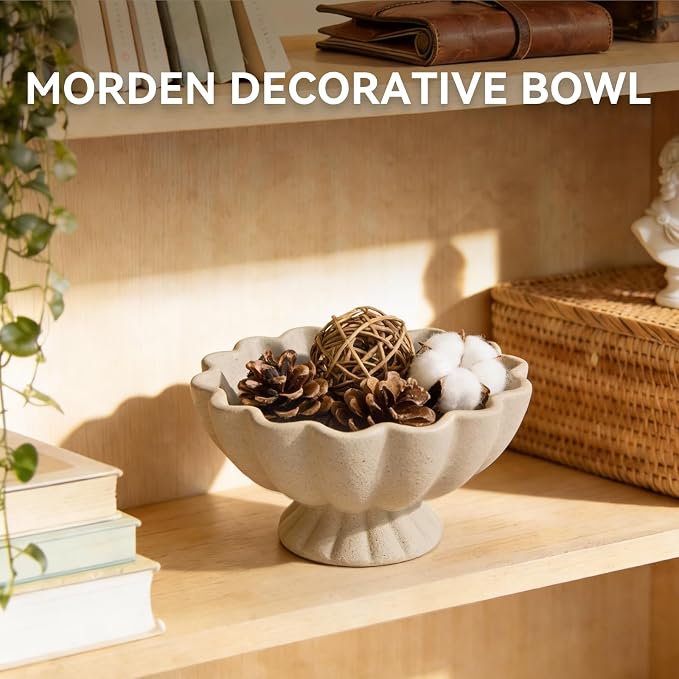 Pedestal Decorative Bowl Home Decor - 7.9" Morden Resin Handmade Decorative Fruit Bowl for Kitchen Counter, Chic Ruffle Bowl Centerpiece Decor for Dining Table Coffee Table (Artificial Stone Beige)