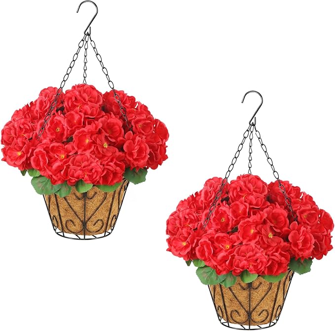 2 Pack Artificial Geraniums Flowers with Hanging Baskets,UV Resistant Silk Faux Red Geranium Flowers with Hanging Planters for Outdoor Patio Balcony Front Porch Garden Home Decor