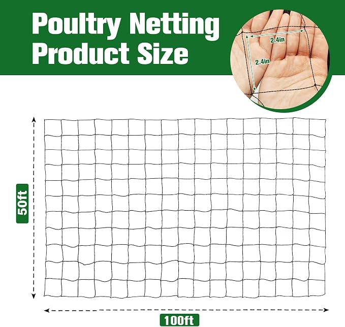 50 x 100 ft Bird Netting for Chicken coop 2.4" Mesh Poultry Netting, Protects Garden, Fruit Trees & Poultry from Birds & Small Animals