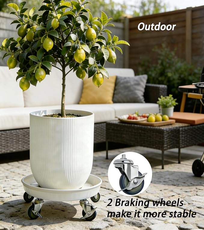 SIAMO 16" Heavy Duty Plant Caddy (430lbs Capacity)-Lockable Non-Scratch Swivel Casters Rolling Plant Stand Saucer for Hardwood Floor & Patio Indoor & Outdoor Use,2-Pack,White