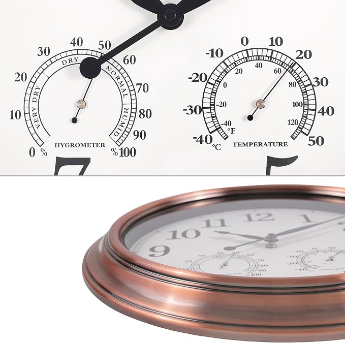 16 Inch Outdoor Clock Thermometer Combo, Red Bronze Metal-Frame Waterproof Wall Clock