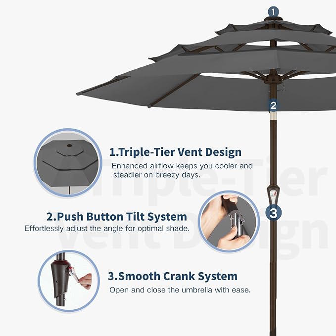 10FT Patio Umbrella 3 Tiers Outdoor Market Umbrella w/Push Button Tilt, Crank, UV and Waterproof Table Umbrella for Garden, Pool, Backyard, Deck, Lawn, Grey