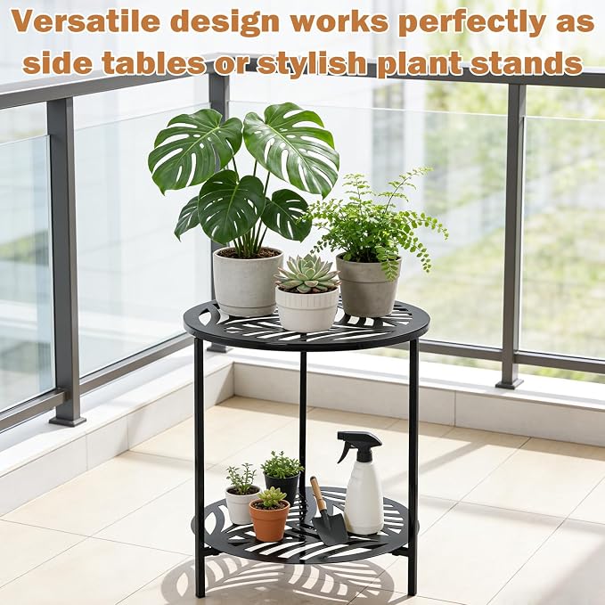 17.7" Two-tiered Metal Round Side Tables Extra-large Black Outside End Table for Patio Round Accent Garden Corner Stand for Small Spaces Weather-resistant Coffee Table for Balcony Porch Plant Stand