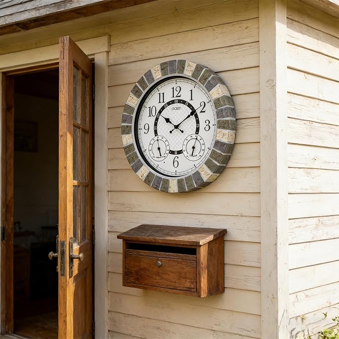 OCEST 18 Inch Outdoor Wall Clock with Night Light, Waterproof Thermometer & Hygrometer Combo, Battery Operated Silent Non-Ticking Large Patio Clock for Garden, Pool, Porch (Rustic Gray)