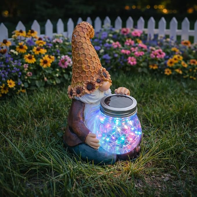 Lyeasw Solar Gnome Decor with Honeycomb Lantern, Outdoor Garden Decor | 10 Inch Resin Figurine with LED Glow, Weather Resistant Garden Accent for Patio, Porch, Yard & Gift for Garden Lovers