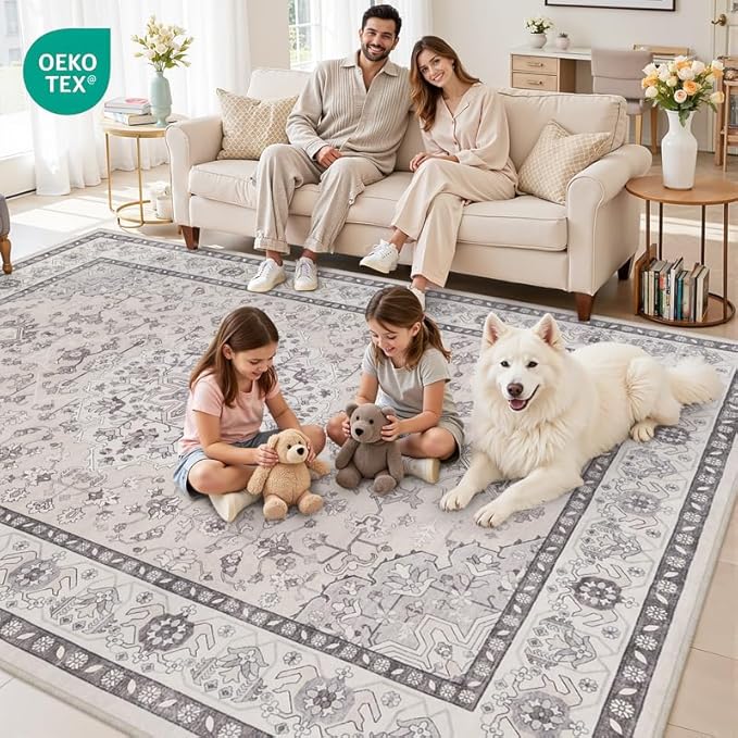 8x10 Area Rugs Living Room: Bedroom Washable Carpet Beige & Grey | Large Vintage Boho Indoor Decor Neutral Soft Nursery Farmhouse Dining Room Office Floor Non-Slip Low Pile Under Table Rug