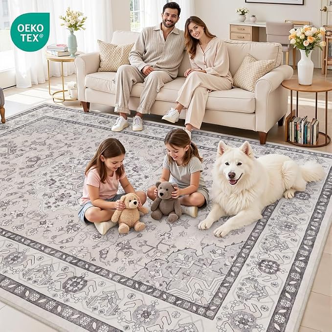 10x12 Area Rugs Living Room: Bedroom Washable Carpet Beige & Grey | Large Vintage Boho Indoor Decor Neutral Soft Nursery Farmhouse Dining Room Office Floor Non-Slip Low Pile Under Table Rug