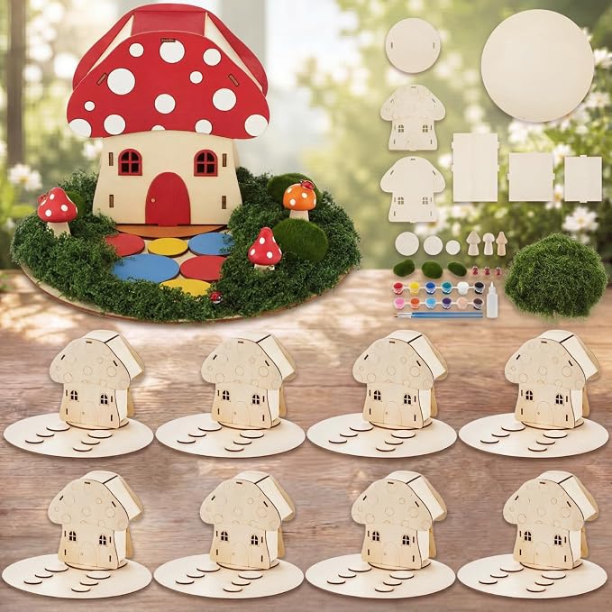 Kathfly 8 Sets Wooden Fairy House DIY Craft Kit for Kids with Paints & Decorations,Unpainted Miniature Garden Accessories for Home Event Party Decorations, Arts Birthday Party Favor (Mushroom Houses)