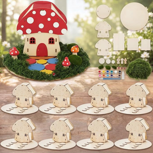 Kathfly 8 Sets Wooden Fairy House DIY Craft Kit for Kids with Paints & Decorations,Unpainted Miniature Garden Accessories for Home Event Party Decorations, Arts Birthday Party Favor (Mushroom Houses)