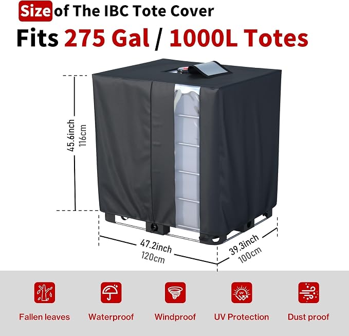 IBC Tote Cover - Heavy Duty 420D Silver Coated All-Weather Waterproof Oxford with UV Protection, Fits 1000L & 275 Gallon IBC Container & Rain Barrel for Outdoor Dust, Sun, Rain Protection