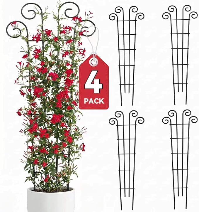 Thealyn 4 Pack 56 Inch Plant Trellis for Potted Plants, Metal Garden Trellis for Climbing Plants, Indoor Outdoor Decorative Vine Support for Pots, Wave Shape, Black