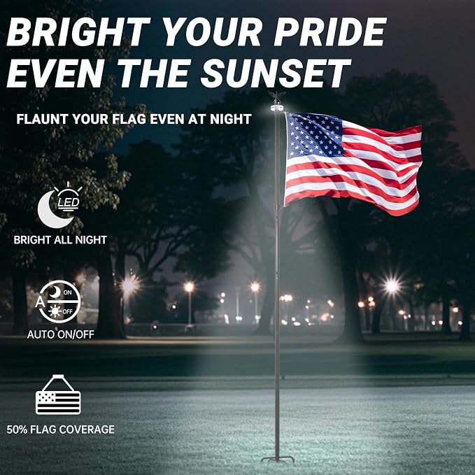 LETSTRY 12 FT In-Ground Flag Pole for Outside House with Solar Light, Heavy Duty Flagpole with Upgraded 5-Prong Base, Portable Mount Flapoles Kit for Yard, Garden Decor, Residential Commerical, Black