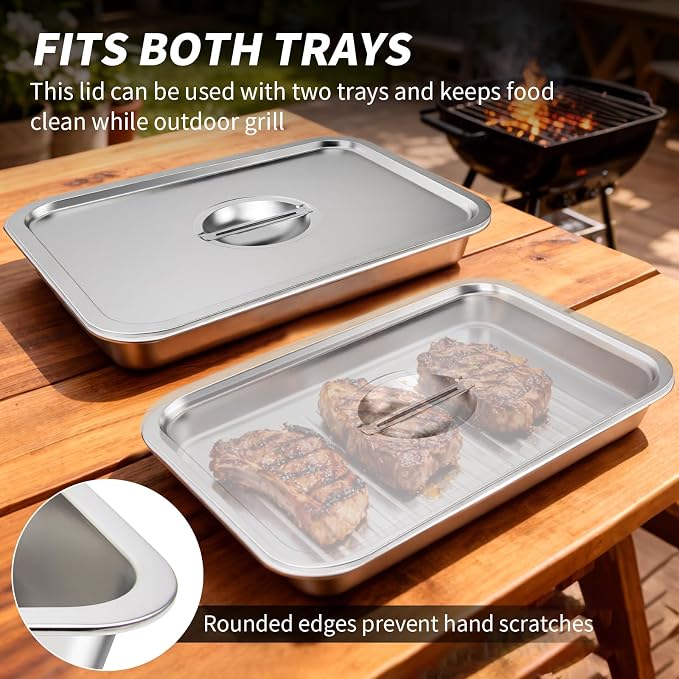 ENLOY 9-in-1 Grilling Prep and Serve Trays Set, Stainless Steel Large Capacity Food Prep Tray, Marinade Container with Lid and Cutting Board & 2 Food Tongs, Cleaning Cloth & 2 Gloves for Pickling Food
