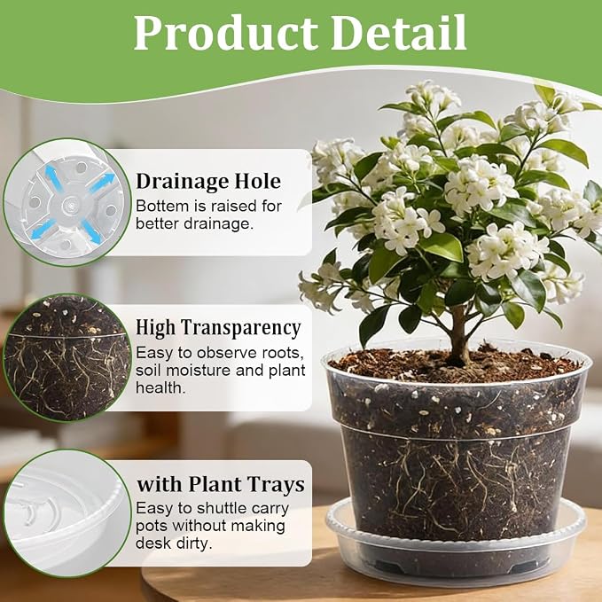 RooTrimmer 15 Pack 8/7/6 Inch Clear Nursery Pots with Saucer, Transparent Plastic Plant Pot with Drainage Hole, Sturdy Planting Starter Pots for Gardening Flower Herb Vegetable
