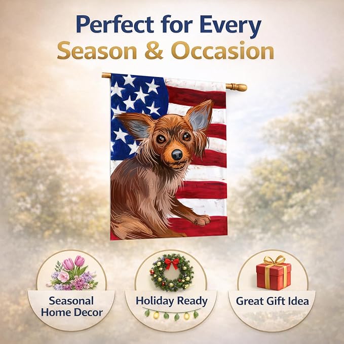 Caroline's Treasures CK6680CHF Russian Toy Dog American Flag House Flag Large Porch Sleeve Pole Decorative Outside Yard Banner Artwork Wall Hanging, Polyester, House Size, Multicolor