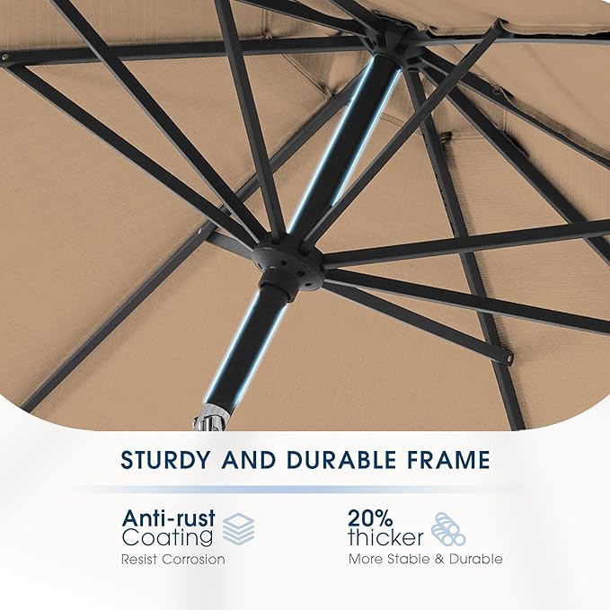 wikiwiki 9FT Patio Umbrella with Base, Outdoor Umbrellas with Base Included, 8 Sturdy Ribs, Waterproof Fade Resistant POLYESTER DTY Canopy for Deck, Lawn, Garden, Backyard & Pool, Tan