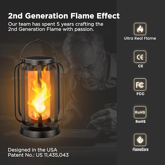 Hompavo Gen2 Solar Lanterns Outdoor Lights with Ultra-Real Flame, 2 Charging (USB/Solar) & 4 Modes - Waterproof Decorative Hanging/Table Lights for Pathway Yard Patio Garden Decor Gifts for Women, 4