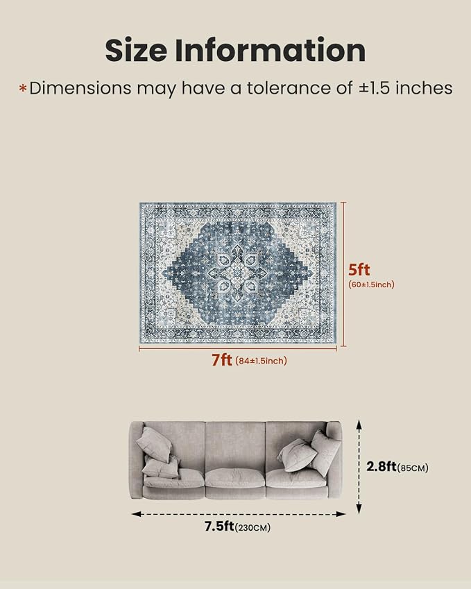 AMADA HOMEFURNISHING 5x7 Area Rugs, Washable Living Room Rug Low-Profile with Non-Slip Backing & Durable Edge Binding, Vintage 5x7 Rugs for Living Room, Bedroom, Dinning Room
