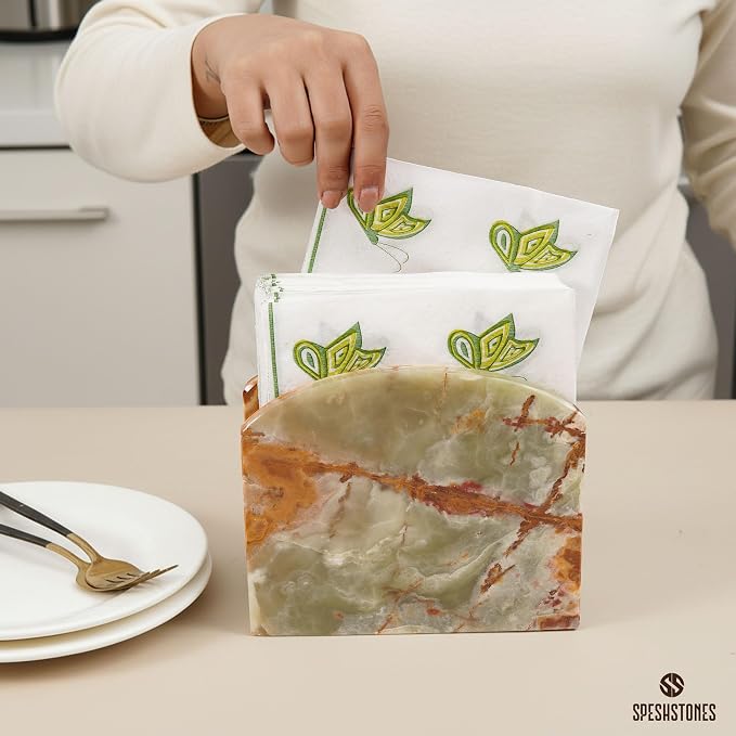 Marble Napkin Holder for Table 6.5 Inch Green Stone Organizer for Cocktail Napkins & Tissue Paper – Decorative Napkin Holder for Bathroom, Kitchen Counter, Coffee Bar & Dining Table