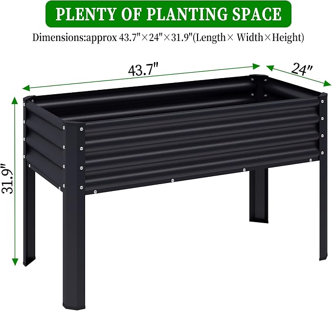 Galvanized Raised Garden Bed with Legs, 43×24×32in Large Metal Elevated Raised Planter Box with Drainage Holes for Backyard, Patio, Balcony, 400lb Capacity,Black