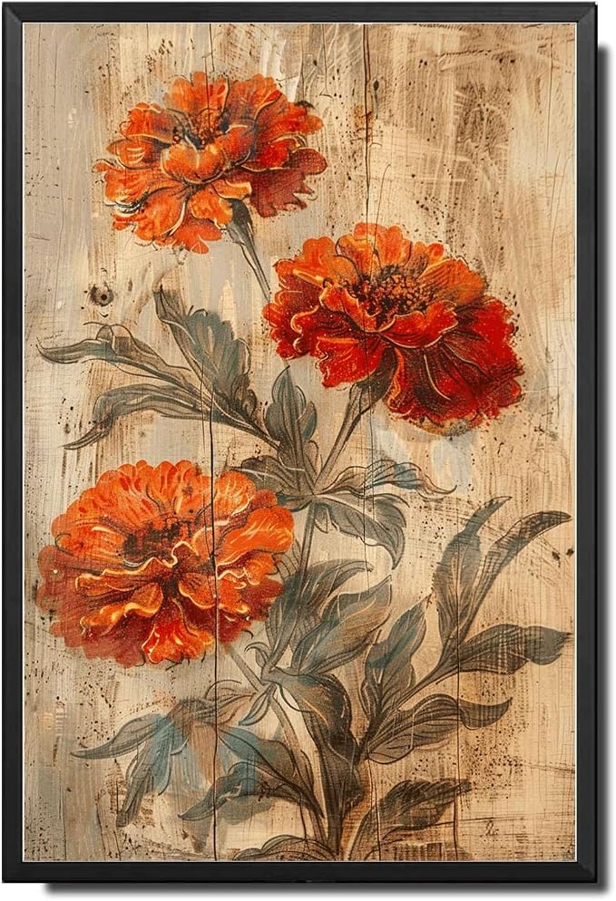 Metal Sign Tin Sign Vintage Wall Art Shabby Chic Marigold Tin Sign for Joyful Antique Gardens Rustic Wall Decor and Distressed Wood Su Tin Signs Gardening for Pub 12×16 Inches with Metal Frame