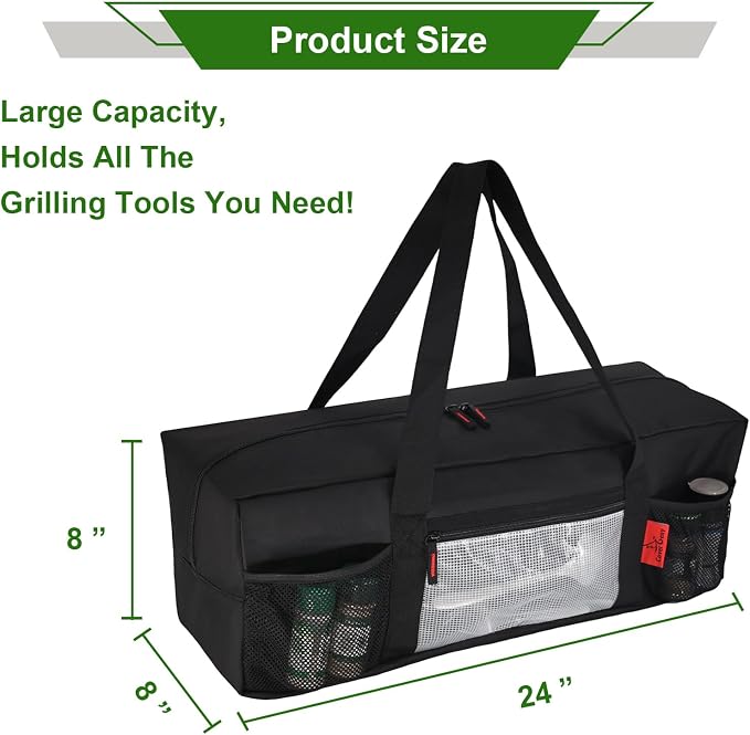 Extra Thick 24" Storage Bag Grill Tool Organizer Pro, BBQ Tool Heavy Duty Bag with Pockets, Double Layer 600D Oxford Cloth Waterproof (2X Thickness), Camping, Tailgating, BBQ Party Gift