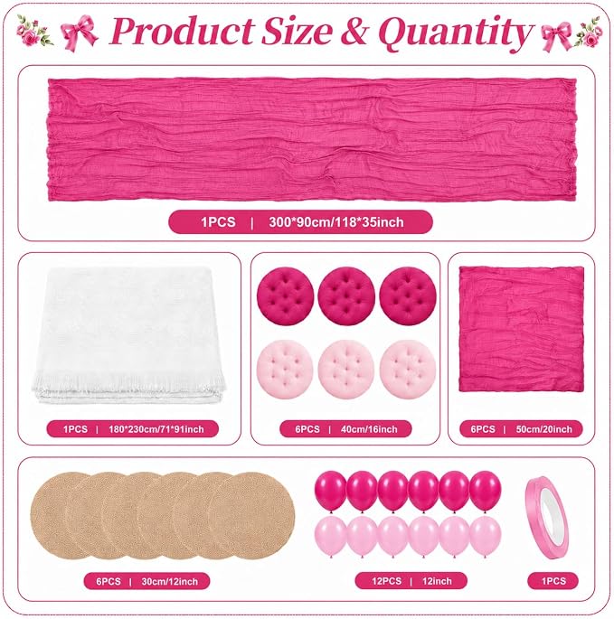 Cinrobiye Boho Picnic Party Set for Outdoor, Aesthetic Picnic Setup with Large Picnic Blanket, Floor Cushions, Table Runner, Napkins, Balloons for Wedding, Bridal Shower, Birthday (Pink)