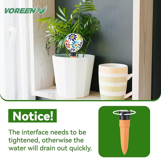 VOREEN Mosaic Glass Plant Watering Globes 2 Pack 500ml with Terracotta Spikes, Handmade Self-Watering Stakes for Indoor/Outdoor, Gift for Garden Lover,Multi Colored Flowers