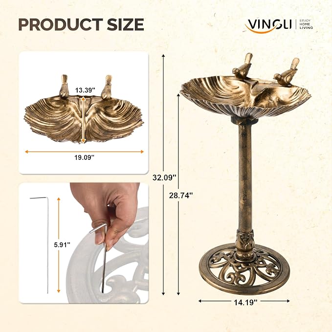 VINGLI Pedestal Bird Bath with Solar Fountain, Solar Pump Resin Birdbaths, Weather Resistant Bird Baths with Ground Stakes, Vintage Finish Garden Decor for Outdoor, Patio, Yard, Lawn (Copper Shell)