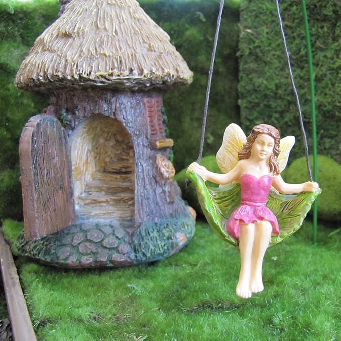 Treasure Gurus Miniature Leaf Tree Swing Fairy Girl Figurine Garden Accessory Dollhouse Decor